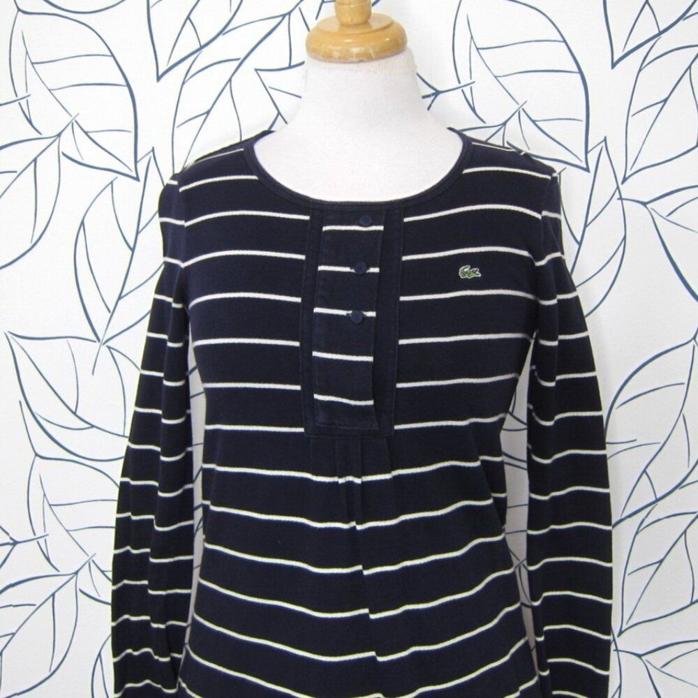 Lacoste Navy Blue Striped Long Sleeve Dress w/ Pockets Cotton Size 34 - Picture 2 of 9